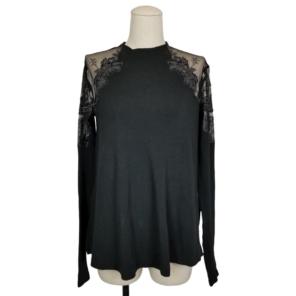 Free People Daniella Embroidered Illusion Top Black Sz XS